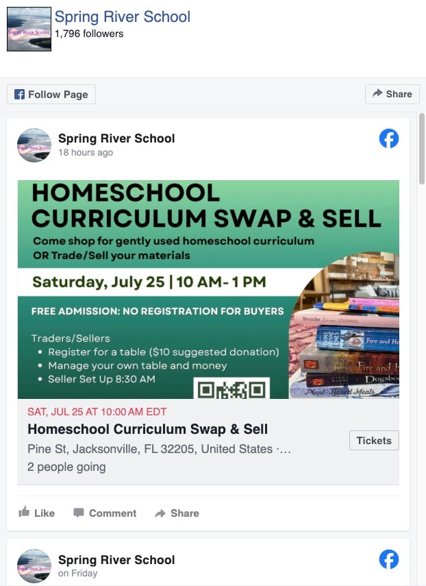 Screenshot of the Spring River School Facebook feed, showing a Homeschool Curriculum Swap and Sell post.